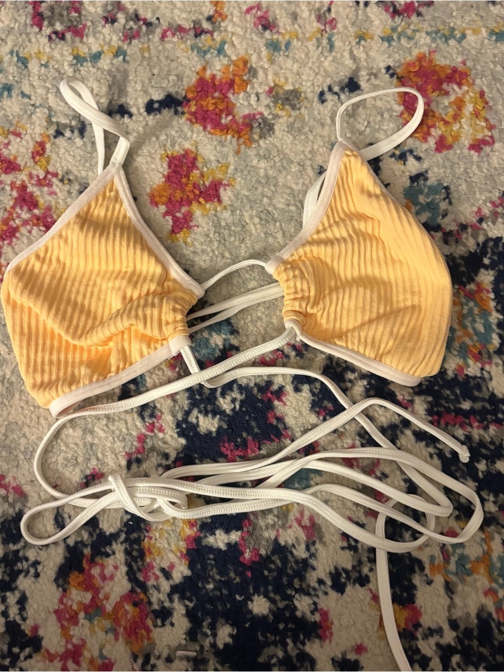 Yellow Ribbed High Cut Bikini Set with White Trim